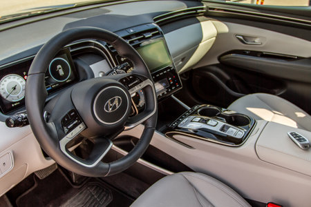 MOSCOW, RUSSIA - AUGUST 27, 2021 Hyundai Tucson Fourth generation NX4 interior view. HCompact crossover SUV. Interior detail close up view.のeditorial素材