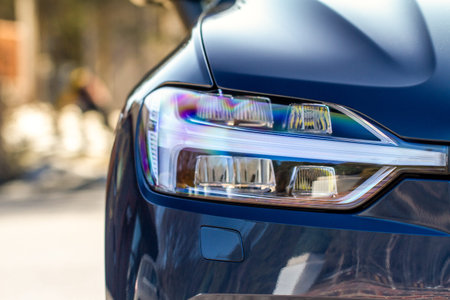 Headlight lamp of new cars. Close up detail on one of the LED headlights modern car. Exterior...