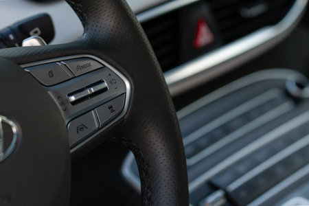Cruise control switch closeup. Adaptive cruise control leaver. Cruise control on steering wheel.
