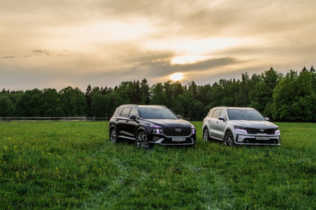 MOSCOW, RUSSIA - MAY 25, 2021 Kia Sorento Fourth generation MQ4 and Hyundai Santa Fe Fourth...