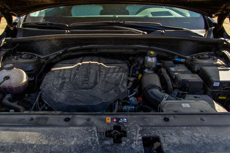MOSCOW, RUSSIA - MAY 25, 2021 Hyundai Santa Fe Fourth generation TM. Engine close up view. Engine of Hyundai Santa Fe.のeditorial素材