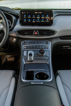 MOSCOW, RUSSIA - MAY 25, 2021 Hyundai Santa Fe Fourth generation TM. Interior close up view. Details...