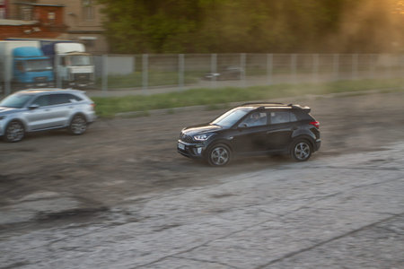 MOSCOW, RUSSIA - MAY 23, 2021 Hyundai Creta First generation (GS / GC). A modern subcompact crossover SUV in city background. Hyundai Creta in motion. Hyundai ix25.のeditorial素材