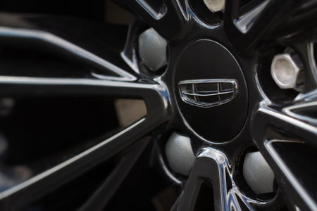 MOSCOW, RUSSIA - JUNE 14, 2021 Geely company close-up view on the wheel. of the Chinese...