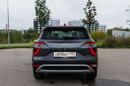 MOSCOW, RUSSIA - SEPTEMBER 15, 2021 Hyundai Creta Second generation (SU2) also called Cantus. A modern subcompact crossover SUV model year 2021. Exterior front side close up view. Exterior details of Hyundai Creta ix25.のeditorial素材