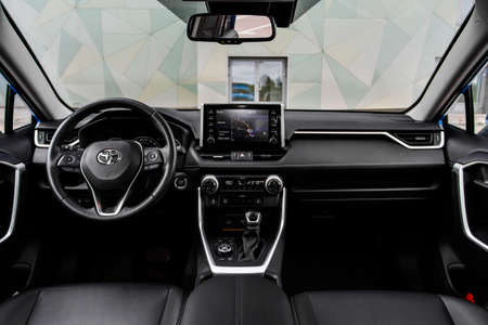 MOSCOW, RUSSIA - SEPTEMBER 9, 2021 Toyota RAV4 (XA50), a compact crossover SUV car model year 2021. Interior close up view. Interior details of Toyota RAV4.のeditorial素材