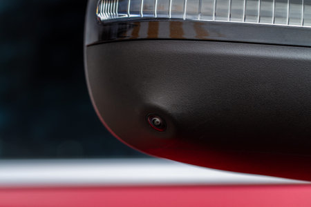 Close up view of surround view camera system on modern car side rear mirror. Blind spot and parking assistant camera.の写真素材
