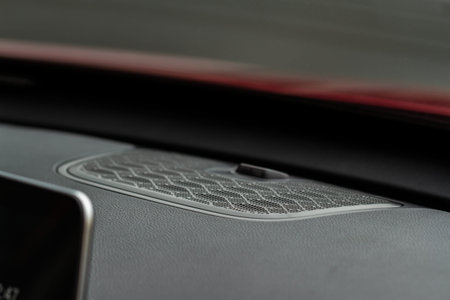 Close up speaker on car door. Sound speaker in a modern car.