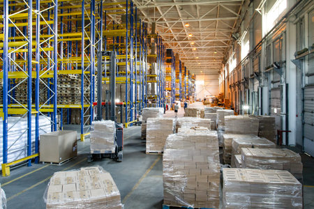 Interior of a modern warehouse storage of retail shop with pallet truck near shelves