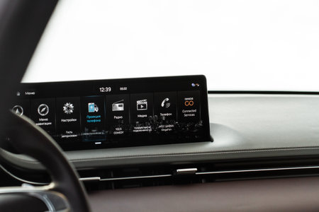 RUSSIA - FEBRUARY 05, 2022. Genesis GV70 (JK1) a compact crossover SUV car. Interior close up view....