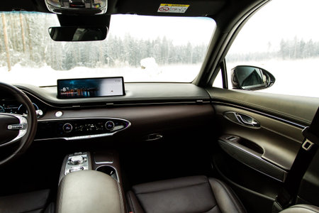 MOSCOW, RUSSIA - FEBRUARY 05, 2022. Genesis GV70 (JK1), interior view. Compact luxury SUV.