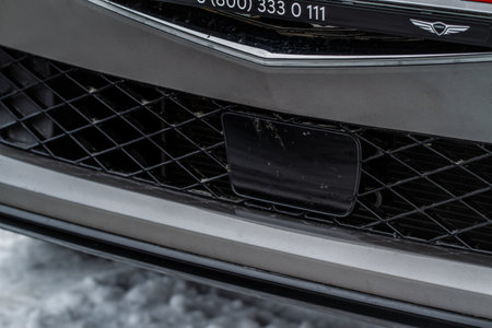 MOSCOW, RUSSIA - DECEMBER 04, 2021 Genesis GV80 (JX1), Front view camera and sensor on the car. Modern car front view camera close up. Surround view monitor SVMのeditorial素材