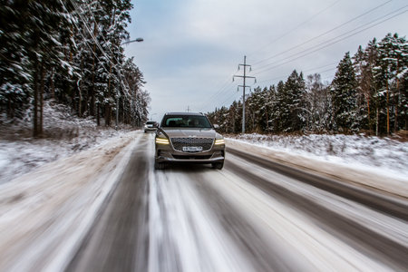 MOSCOW, RUSSIA - DECEMBER 04, 2021 Genesis GV80 (JX1), a modern sedan car. Genesis GV80 in motion view. Genesis JX1のeditorial素材