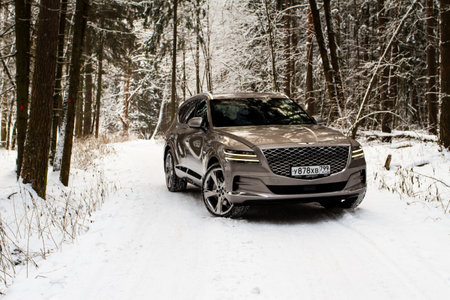 MOSCOW, RUSSIA - DECEMBER 04, 2021 Genesis GV80 (JX1), subcompact luxury SUV car. Exterior front-side view. Genesis GV80 model with all-wheel drive.のeditorial素材