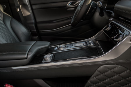 MOSCOW, RUSSIA - DECEMBER 04, 2021 Genesis GV80 (JX1), interior view. Compact luxury SUV. Central console of the new Genesis GV80 car.のeditorial素材