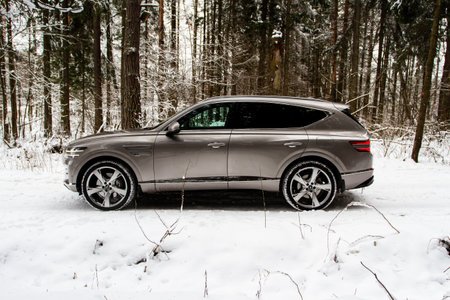 MOSCOW, RUSSIA - DECEMBER 04, 2021 Genesis GV80 (JX1), subcompact luxury SUV car. Exterior front-side view. Genesis GV80 model with all-wheel drive.のeditorial素材