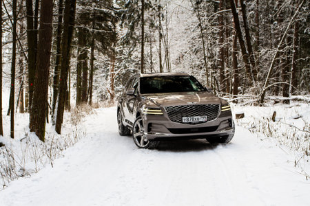 MOSCOW, RUSSIA - DECEMBER 04, 2021 Genesis GV80 (JX1), subcompact luxury SUV car. Exterior front-side view. Genesis GV80 model with all-wheel drive.のeditorial素材