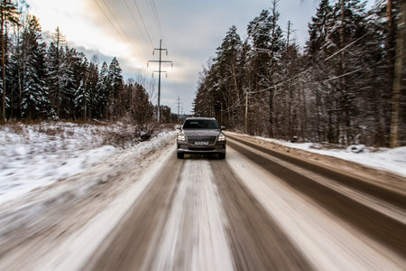 MOSCOW, RUSSIA - DECEMBER 04, 2021 Genesis GV80 (JX1), a modern sedan car. Genesis GV80 in motion view. Genesis JX1のeditorial素材