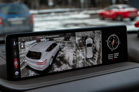MOSCOW, RUSSIA - DECEMBER 04, 2021 Genesis GV80 (JX1), surround view monitor SVM. Front camera of circular 360 degrees view system.のeditorial素材