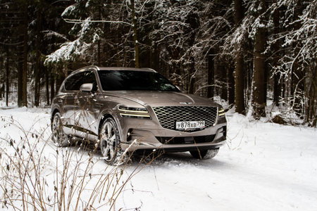 MOSCOW, RUSSIA - DECEMBER 04, 2021 Genesis GV80 (JX1), subcompact luxury SUV car. Exterior...