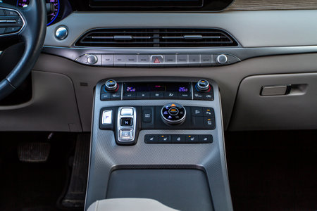 Moscow, Russia - December 18, 2021 Hyundai Palisade (LX2), interior view. luxury crossover SUV. Central console of the new Hyundai Palisade car.のeditorial素材