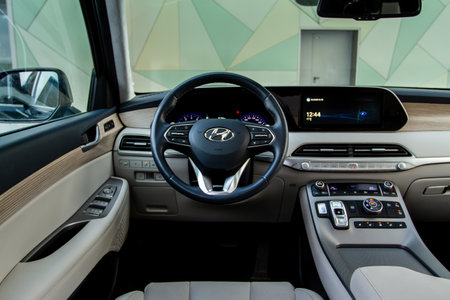 Moscow, Russia - December 18, 2021 Hyundai Palisade (LX2), general interior view. Full-size modern crossover SUV.のeditorial素材