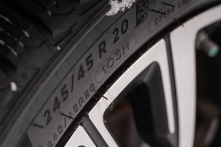 Close up view of tire with tire width, height and wheel diameter designation. Tire size types labels.の写真素材