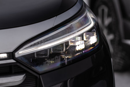 Modern car headlight close up view. LED Headlight of a car.の写真素材
