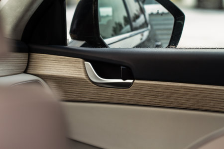 Modern car interior details. car wooden panel. Interior of prestige modern car.の写真素材