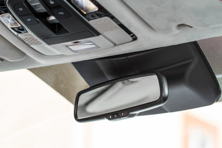 Rear view mirror closeup in nodern car. Car rear view mirror inside the car.の写真素材