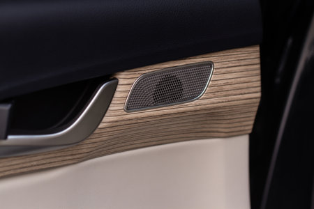 Sound speaker in a modern car door panel. Close up car speaker on car door panel.の写真素材