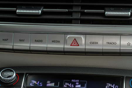 Emergency button in car, hazard light. Close up of car emergency buttonの写真素材