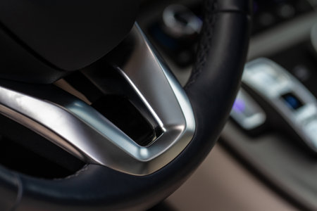 Close up modern car steering wheel.の写真素材