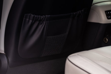 Modern car Seatback pocket. Pocket of the seatback. Back of a car seat with organizer.の写真素材