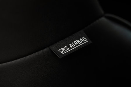 Close up view of airbag label on the side of a car seat. Airbag safety system symbol on the car seat. Modern car interior details.の写真素材
