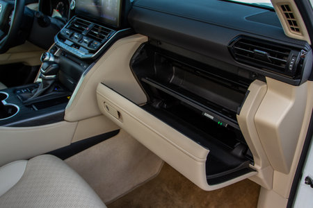 Opened car glove box compartment. Glove compartment of car.の写真素材