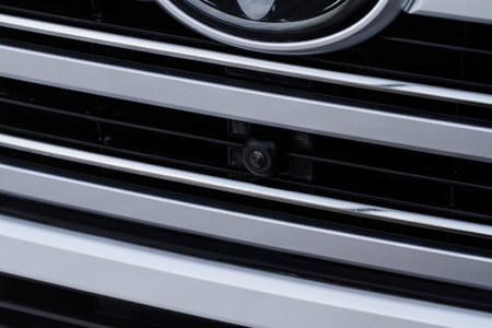 front view camera. Modern car front view camera close up. Parking aid.の写真素材