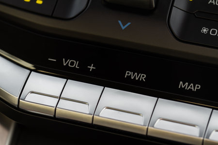 Car media controller close up. Modern car media and navigation controlsの写真素材