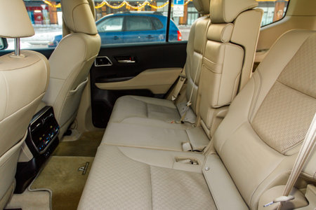 Modern SUV car inside. Leather light back passenger seats in modern luxury car. Comfortable leather seats.の写真素材