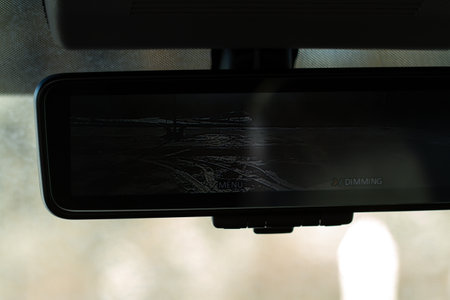 The rear view mirror with screen inside the car.の写真素材
