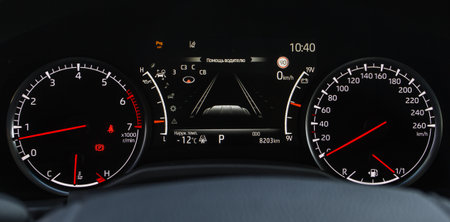 Ð¡ompass on the digital dashboard of modern car. Modern digital car mileage. GPS navigation. Translation of "driver help"の写真素材