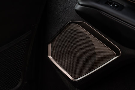 Sound speaker in a modern car door panel. Close up car speaker on car door panel.の写真素材