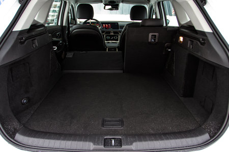 Huge, clean and empty car trunk in interior of compact suv. Rear view of a SUV car with open trunkの写真素材