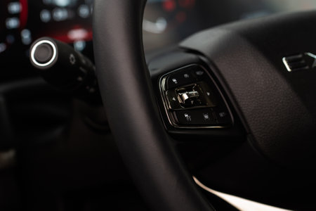 Cruise control switch closeup. Adaptive cruise control leaver. Cruise control on steering wheel.の写真素材