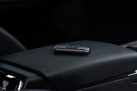 Close up of a modern wireless car key. Modern car interior.の写真素材