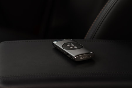 Moscow, Russia - December 25, 2021 Exeed car smart key close up view. Modern Exeed wireless car key.のeditorial素材