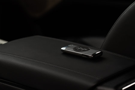 Moscow, Russia - December 25, 2021 Close up of a modern wireless Exeed car key. Exeed car interior.