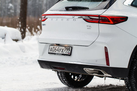Moscow, Russia - December 25, 2021 Chery Exeed TXL car also called Vantas TX Car detailing. car exterior details. Modern car interior.のeditorial素材