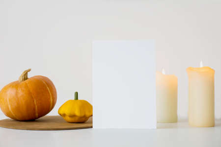 large orange pumpkins on a white background with a candle. Autumn moodの写真素材