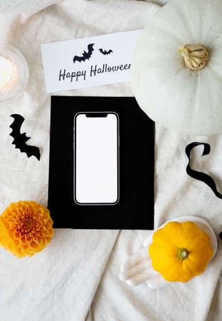 large orange pumpkins on a white background with a candle. Autumn moodの写真素材